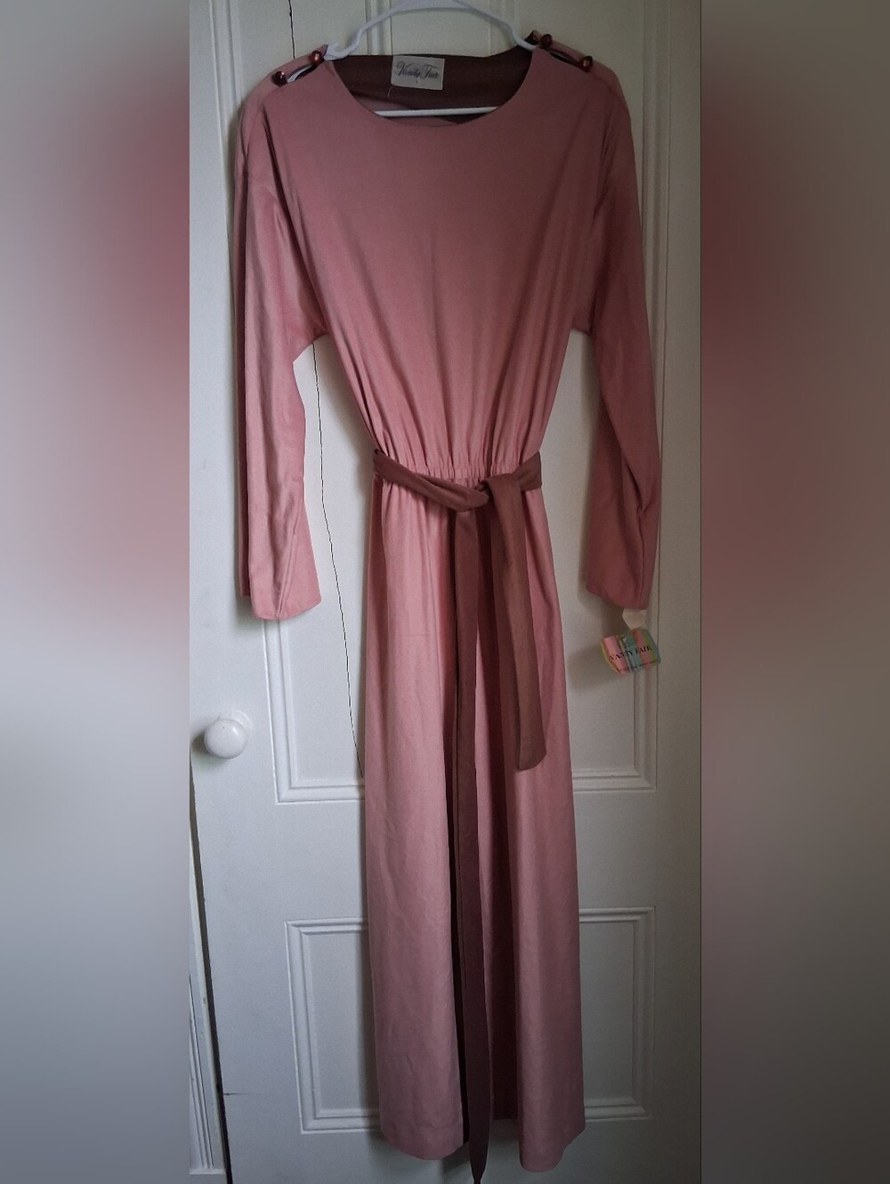 1970s Deadstock Vanity Fair Mauve Pink Buttersuede Belted Maxi Dress